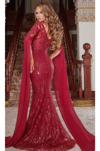 Portia and Scarlett PS22168 -long- Bat Sleeved Embellished Mermaid Gown for a Unique Silhouette - Deep Red / 6 - Dress