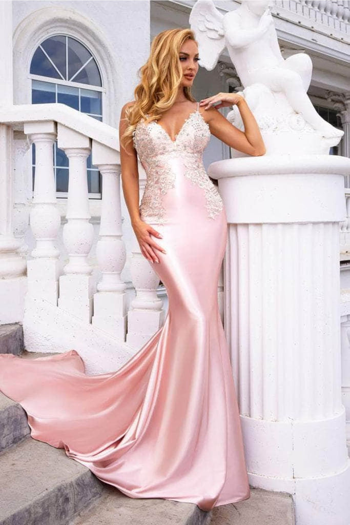 Portia and Scarlett PS22185 -long- Beaded Appliqué Open Back Satin Gown - Blush Ivory / 2 - Dress