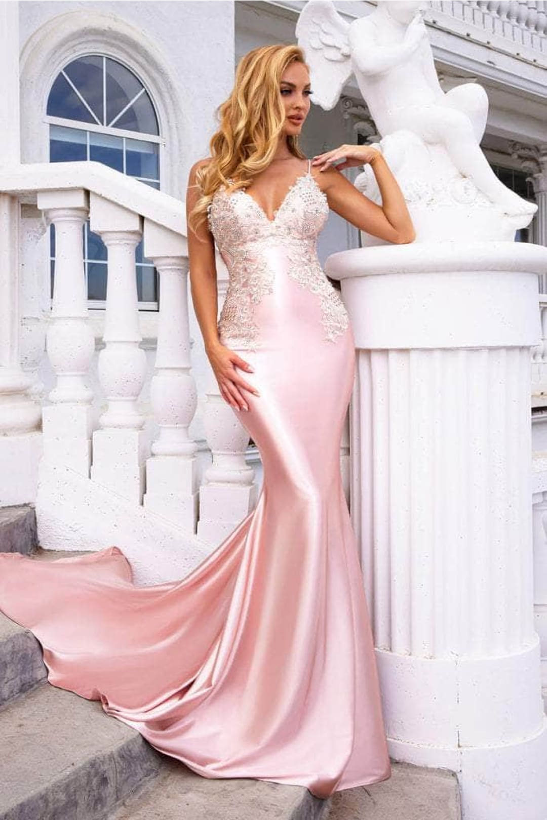 Portia and Scarlett PS22185 -long- Beaded Appliqué Open Back Satin Gown - Blush Ivory / 2 - Dress