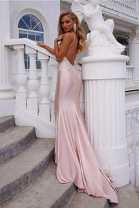 Portia and Scarlett PS22185 -long- Beaded Appliqué Open Back Satin Gown - Blush Ivory / 4 - Dress