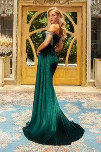 Portia and Scarlett PS22193 -long- Bedazzled Off Shoulder Sheath Dress for Glamorous Appeal - Emerald / 4 - Dress