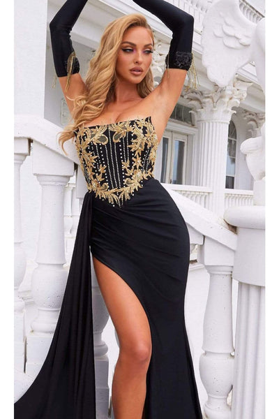 Portia and Scarlett PS22235 -long- Strapless Sheath Gown with Floral Lace Accents - Black / 12 - Dress
