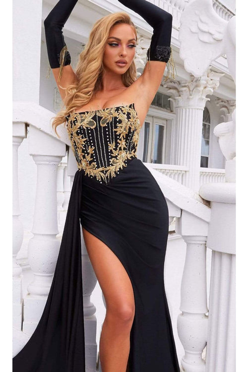 Portia and Scarlett PS22235 -long- Strapless Sheath Gown with Floral Lace Accents - Black / 12 - Dress