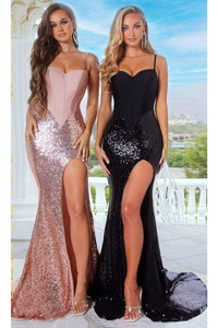 Portia and Scarlett PS22319 -long- High Slit Sequin Gown with a Corset Bodice - Black / 00 - Dress