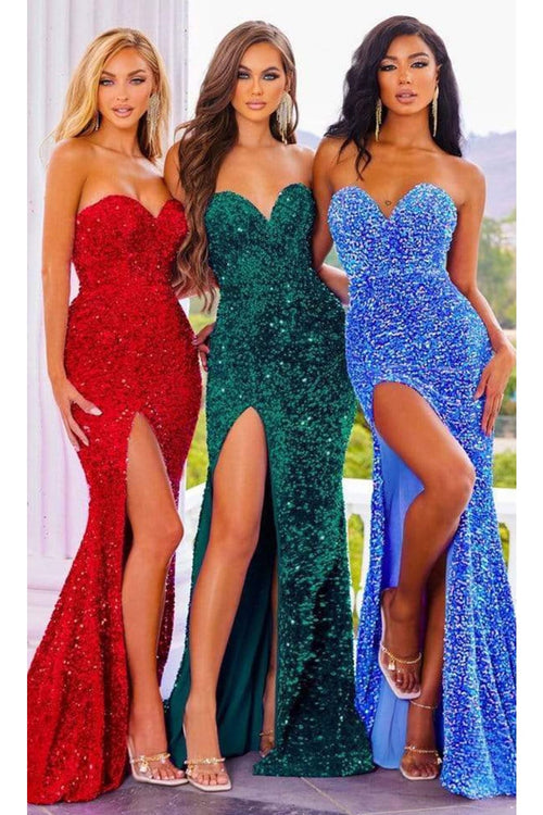 Portia and Scarlett PS22348 -long- Sequined Gown with a Sweetheart Neckline and Side Slit - Black / 4 - Dress