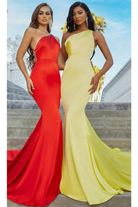 Portia and Scarlett PS22358 -long- Asymmetric Neck Trumpet Gown with Train for a Striking Entrance - Red / 00 - Dress