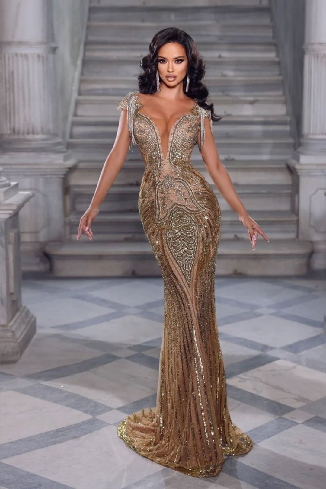 Portia and Scarlett PS22401C - Long -Gown with Plunging V-Neck and Glittering Accents - Silver Nude / 6 - Dress