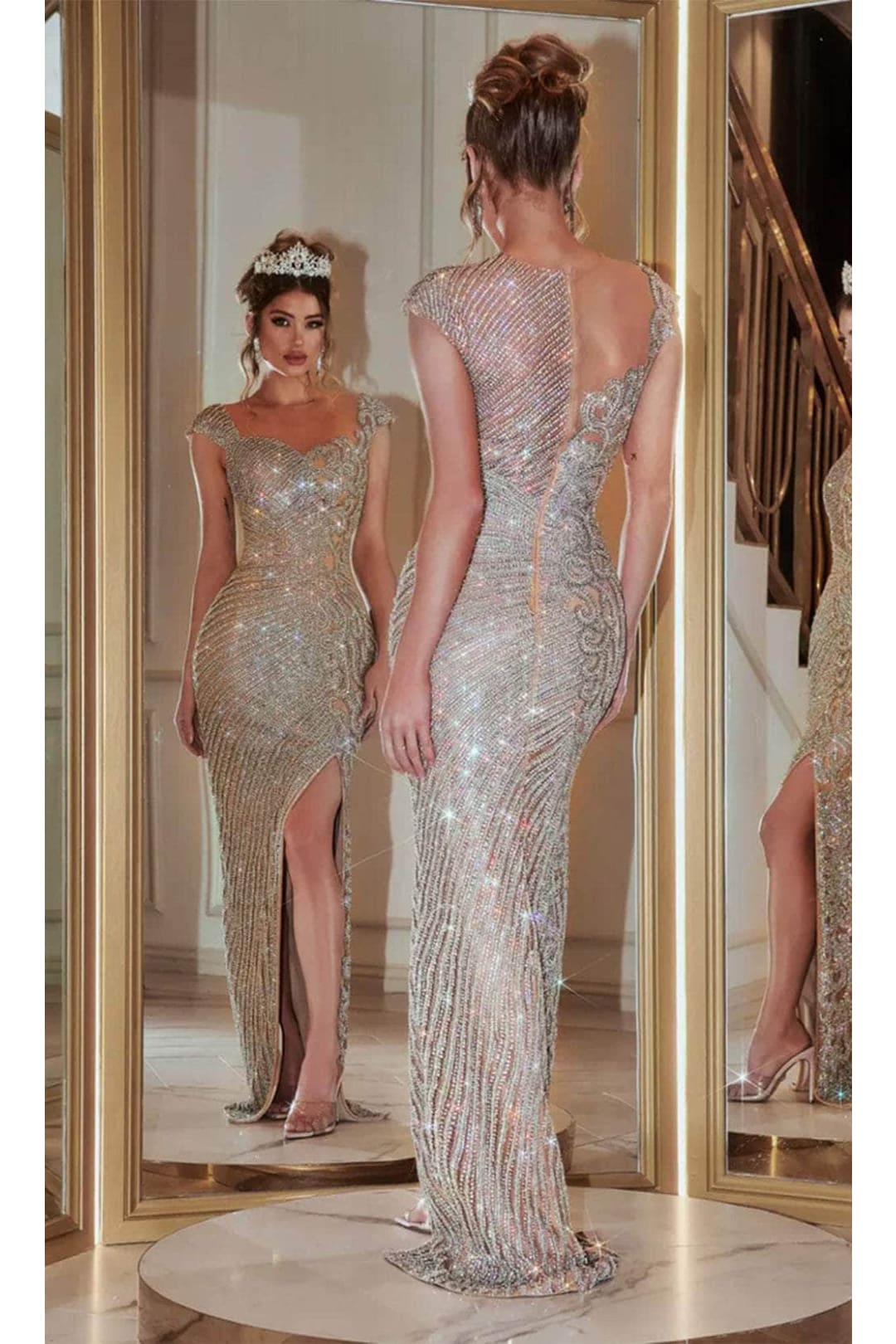 Portia and Scarlett PS22405C -long- Rhinestone Illusion Jewel Prom Dress for a Glamorous Effect - Silver / 6 - Dress