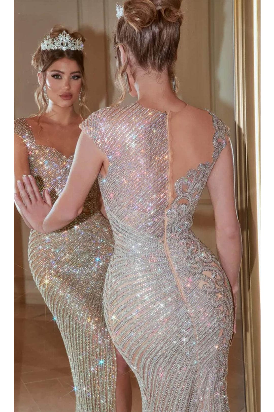 Portia and Scarlett PS22405C -long- Rhinestone Illusion Jewel Prom Dress for a Glamorous Effect - Silver / 8 - Dress