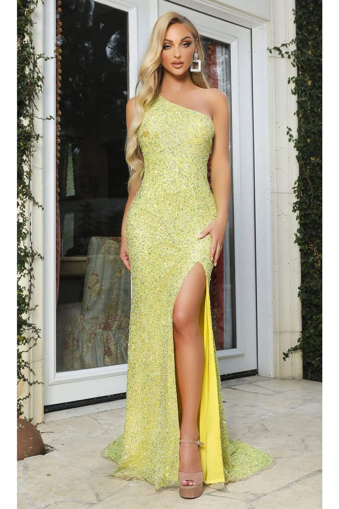 Portia and Scarlett PS22441C -long- Asymmetrical Sequin Gown for a Modern Twist - Yellow / 00 - Dress