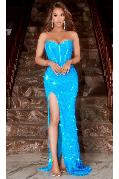 Portia and Scarlett PS22510 -long- Strapless Embellished Prom Dress for Classic Glamour - Blue / 00 - Dress