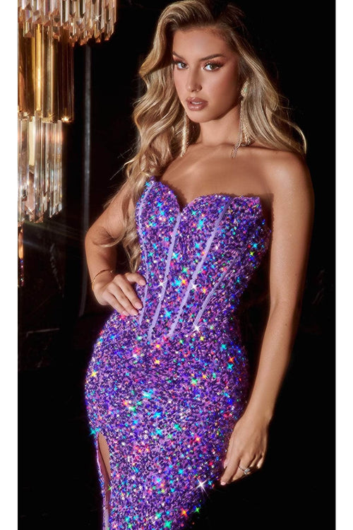 Portia and Scarlett PS22510 -long- Strapless Embellished Prom Dress for Classic Glamour - Purple / 6 - Dress