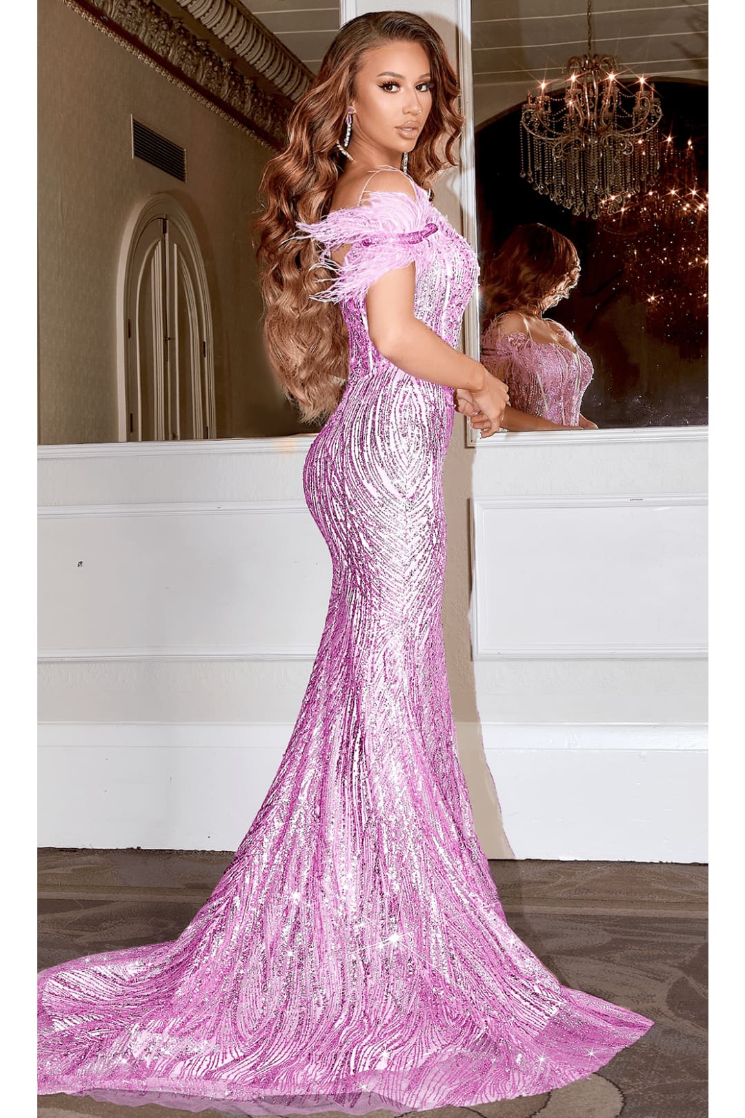 Portia and Scarlett PS22523 -long- Ornate Prom Dress with Feather Details for a Luxe Finish - Pink / 8 - Dress