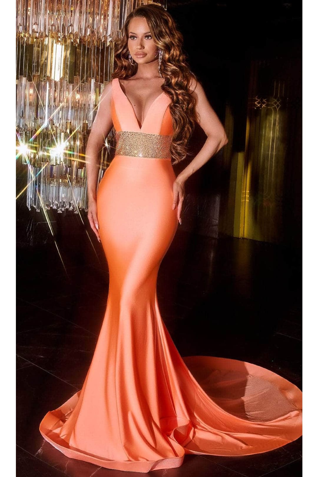 Portia and Scarlett PS22524 -long- V-Neck Beaded Plus Size Prom Gown - Orange / 00 - Dress