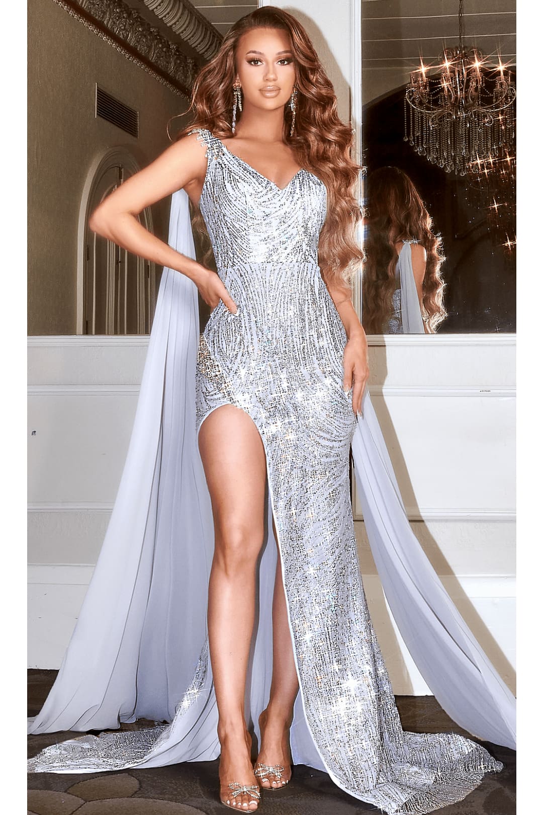 Portia and Scarlett PS22543 -long-Cascading Sash Glitter Prom Dress - Black / 14 - Dress
