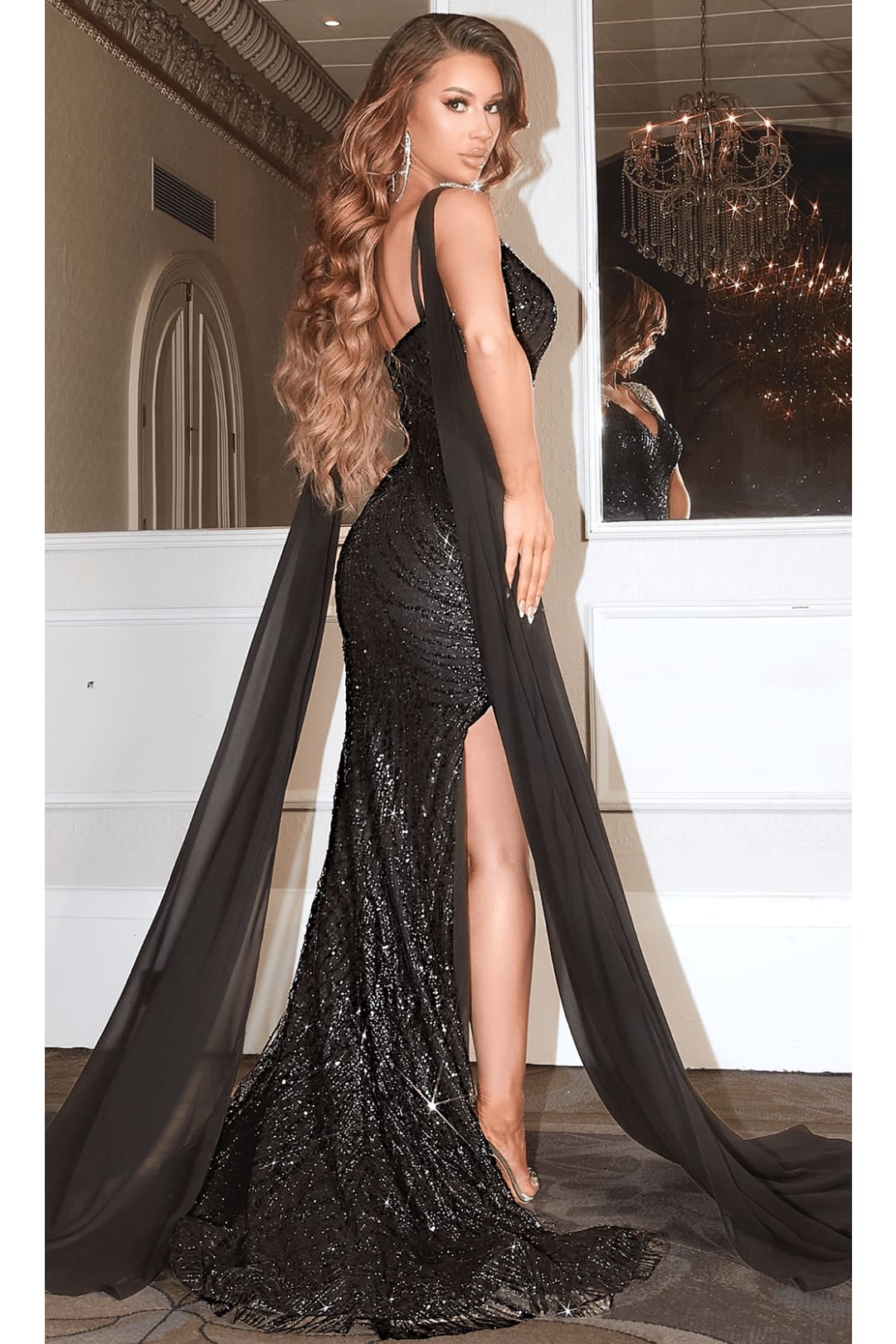 Portia and Scarlett PS22543 -long-Cascading Sash Glitter Prom Dress - Black / 4 - Dress
