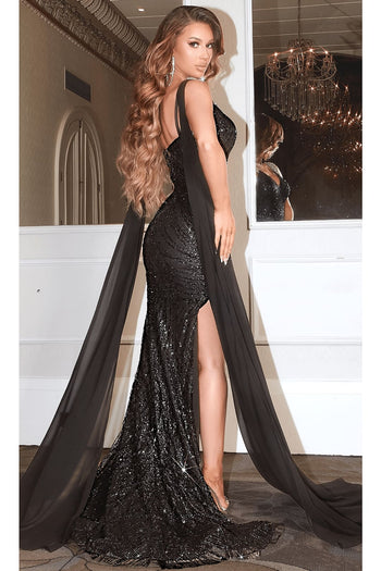 Portia and Scarlett PS22543 -long-Cascading Sash Glitter Prom Dress - Black / 4 - Dress