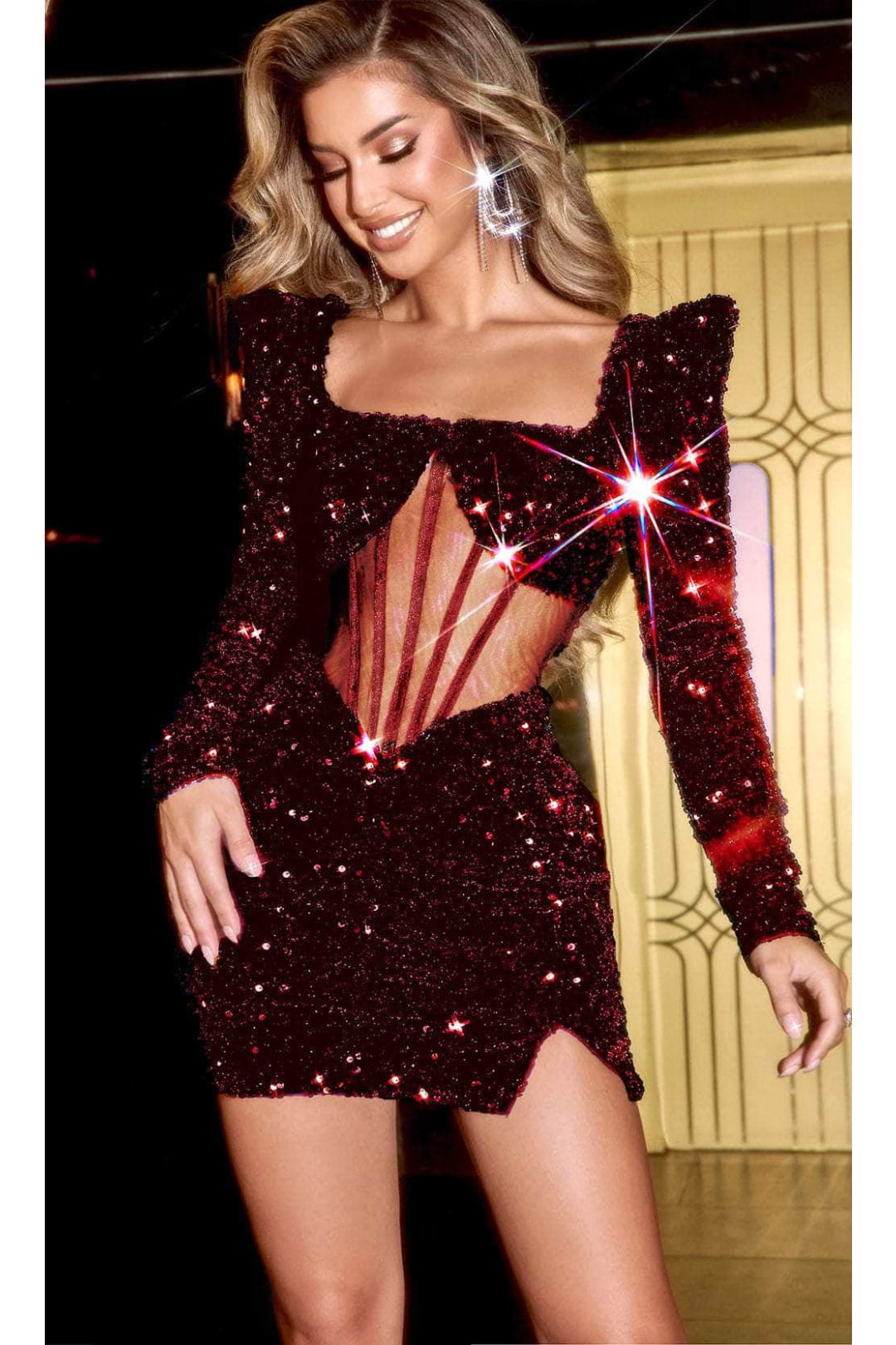 short dress with long sleeves prom Portia and Scarlett PS22555 Sleeve Sequin Outfit 3 weeks after your Color:Navy Combo HW91000 Belted knitted polo dress,