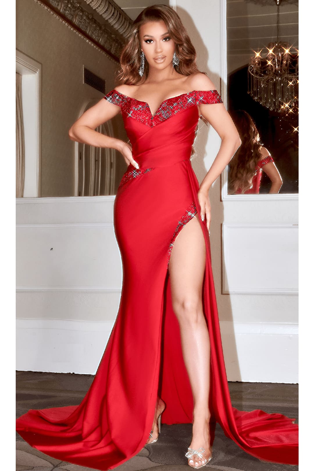 Portia and Scarlett PS22570 -long- Pleated Off-Shoulder Formal Gown for Elegant Styling - Red / 00 - Dress