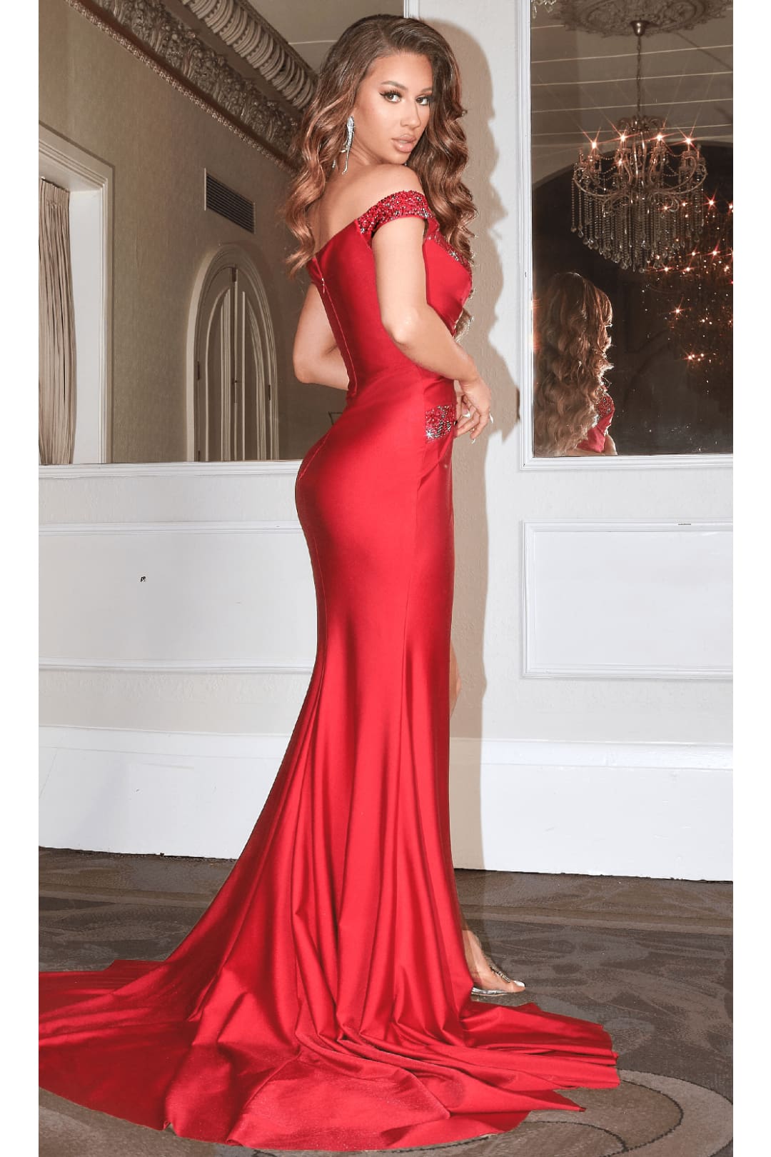 Portia and Scarlett PS22570 -long- Pleated Off-Shoulder Formal Gown for Elegant Styling - Red / 2 - Dress