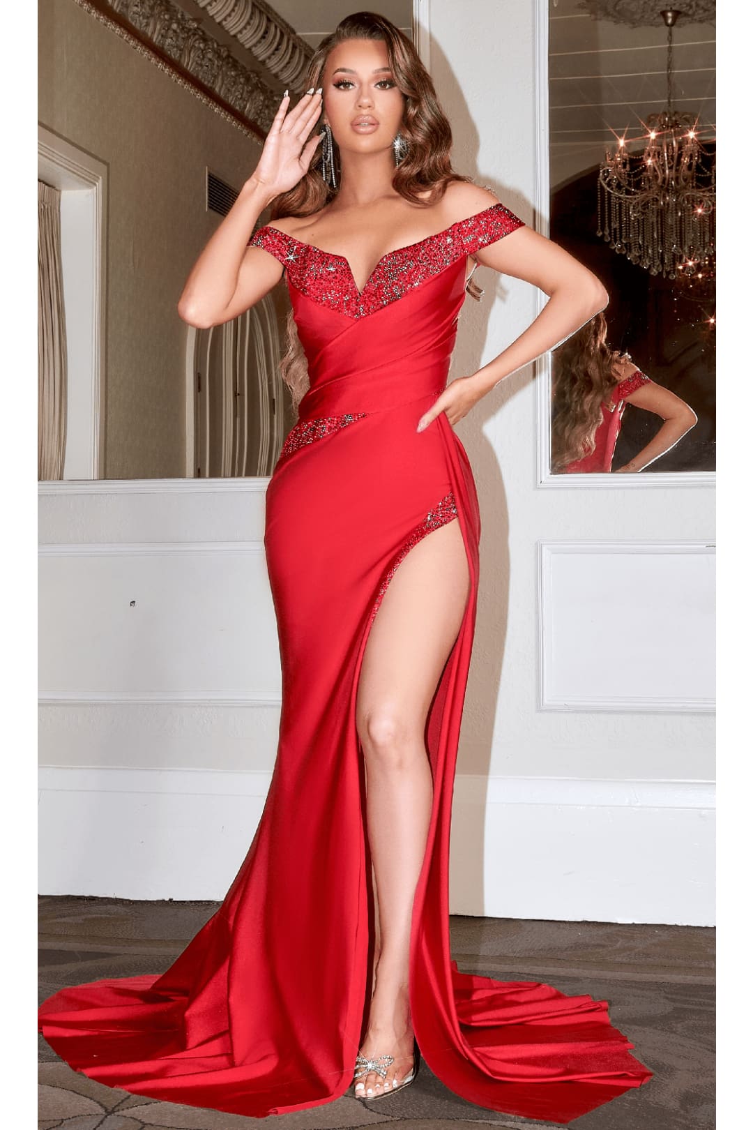 Portia and Scarlett PS22570 -long- Pleated Off-Shoulder Formal Gown for Elegant Styling - Red / 4 - Dress