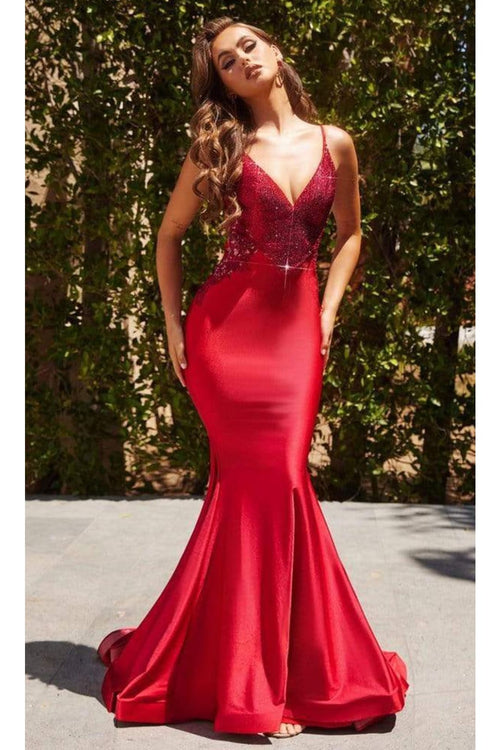 Portia and Scarlett PS22641 -long-Glittered Bodice V-Neck Mermaid Gown - Red / 00 - Dress