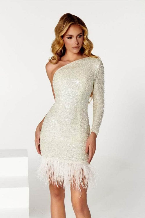 Portia and Scarlett PS23016 - Cocktail Dress with Feathered Hem for a Unique Style - Ivory / 12 - Dress