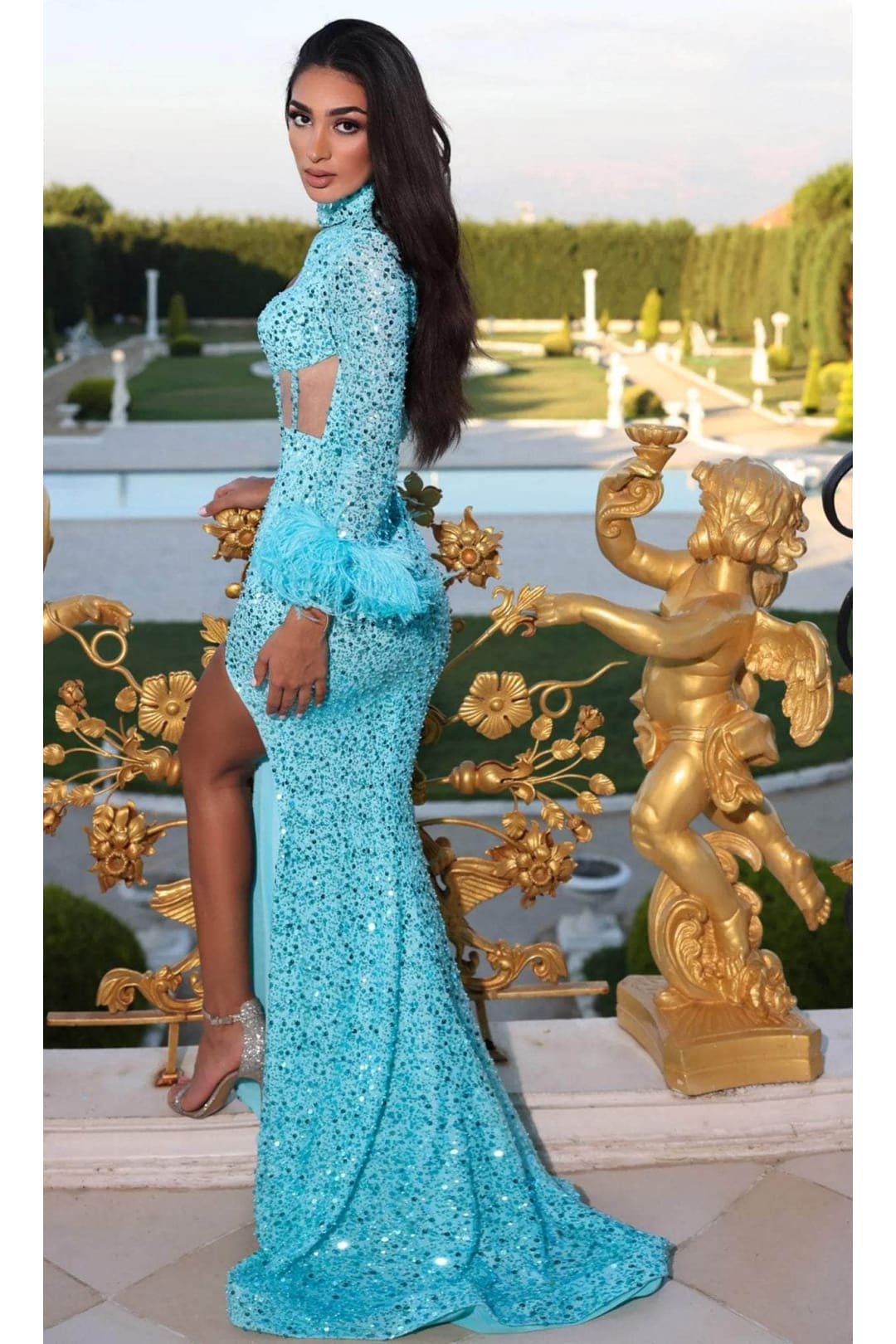 Portia and Scarlett PS23028 - long-Corset Cutout Sequin Evening Gown - Aqua / 18 - Dress