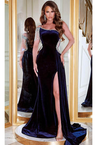 Portia and Scarlett PS23030 -long- Bejeweled Velvet Evening Gown for Luxe Style - Burgundy / 00 - Dress