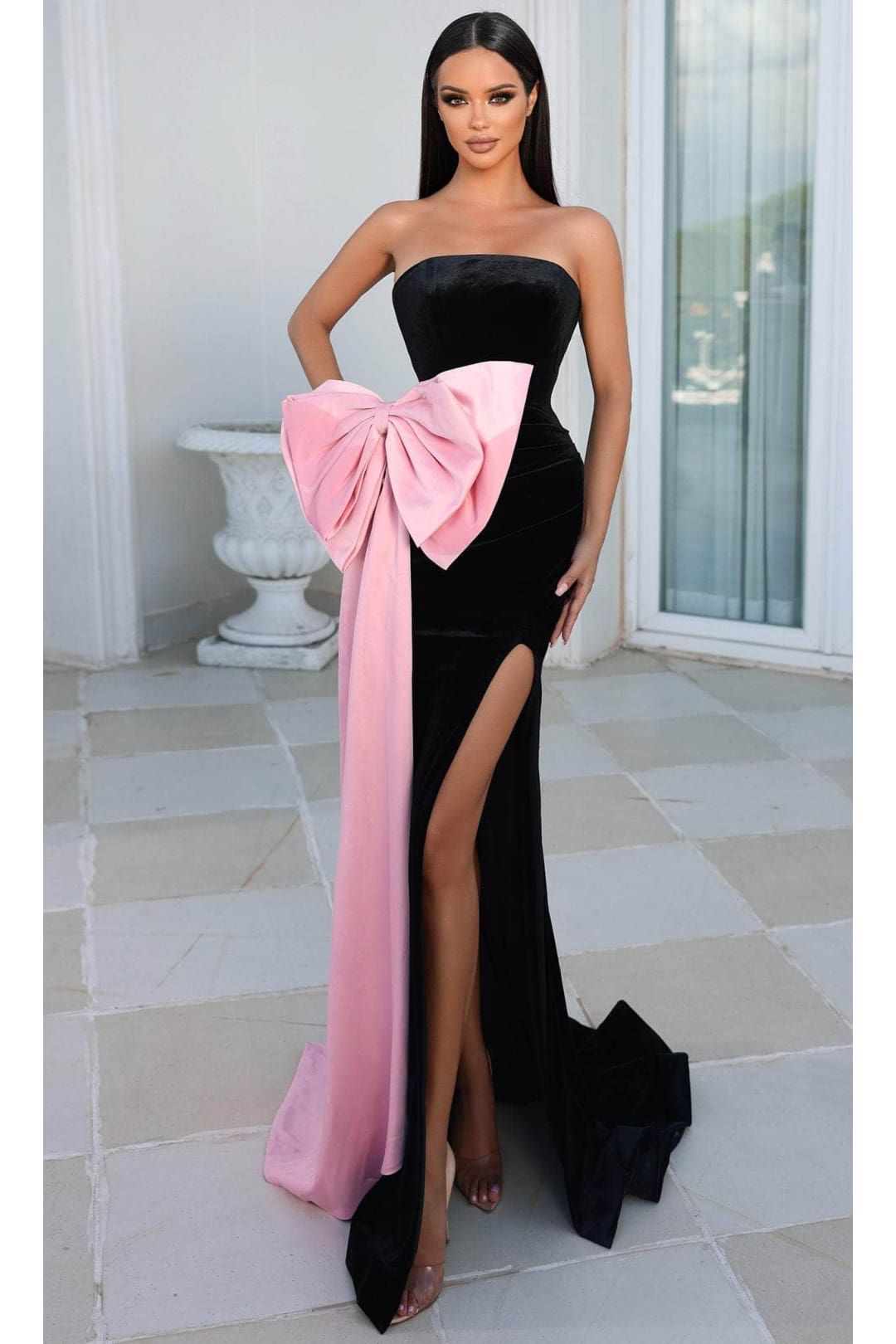 Portia and Scarlett PS23040 -long- Prom Gown with Oversized Bow Detail - Black Blush / 00 - Dress
