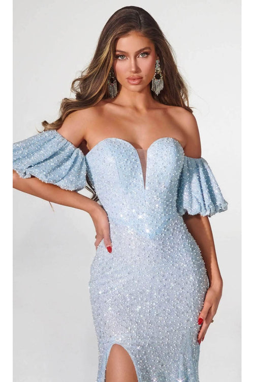 Portia and Scarlett PS23080 -long- Puff Sleeve Sweetheart Evening Gown - Cinderella Blue / 4 - Dress