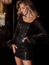 Portia & Scarlett PS23101 Long Sleeve Feather Short Black Formal Dress