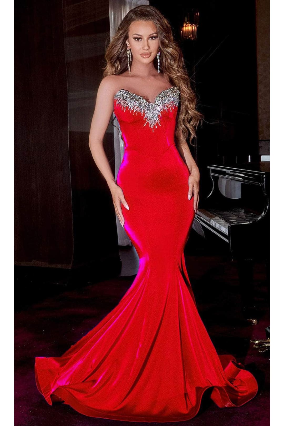 Portia and Scarlett PS23185 -long- Strapless Jeweled Prom Dress - Red / 16 - Dress