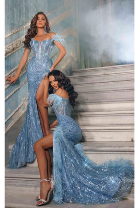 Portia and Scarlett PS23232 Feather High Low Sequin Prom Dress