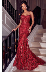 Portia and Scarlett PS23263 -long- Strapless Feather Trumpet Evening Gown for a Bold Statement - Red / 00 - Dress