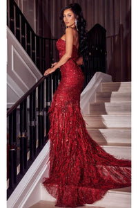 Portia and Scarlett PS23263 -long- Strapless Feather Trumpet Evening Gown for a Bold Statement - Red / 16 - Dress