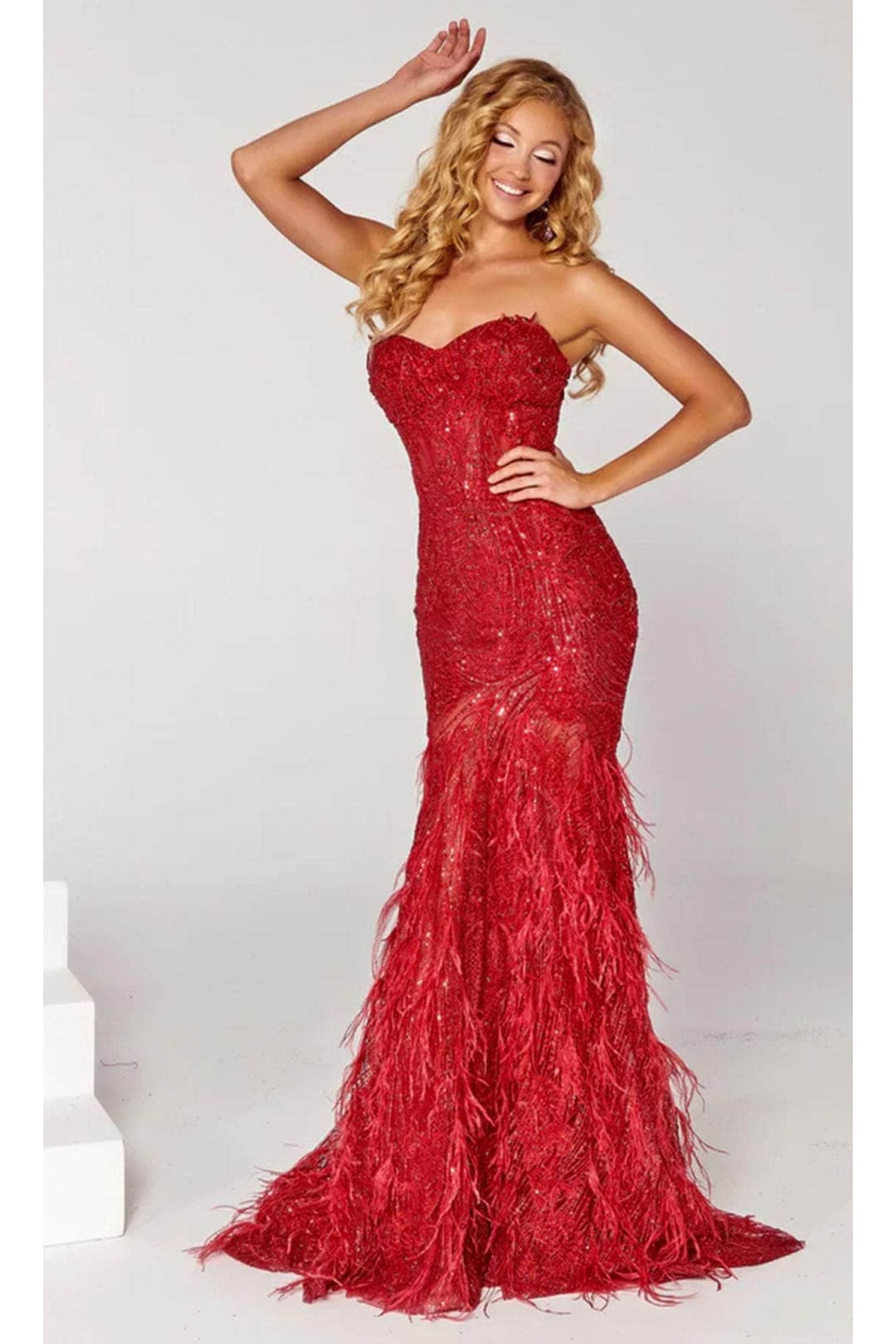 Portia and Scarlett PS23263 -long- Strapless Feather Trumpet Evening Gown for a Bold Statement - Red / 18 - Dress