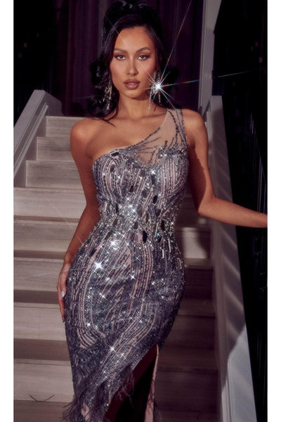 Portia and Scarlett PS23273 -long- Prom Gown with Feathered Details and a High Slit - Emerald / 20 - Dress