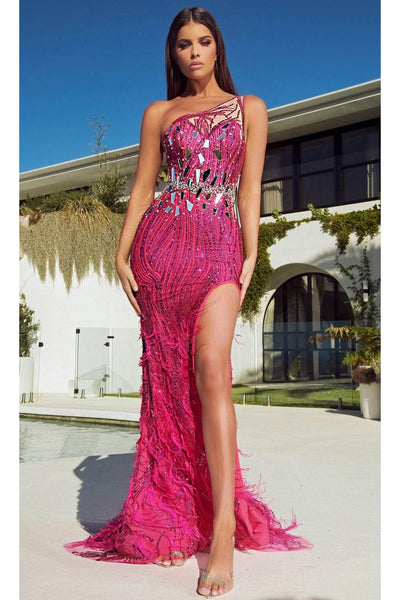 Portia and Scarlett PS23273 -long- Prom Gown with Feathered Details and a High Slit - Emerald / 22 - Dress