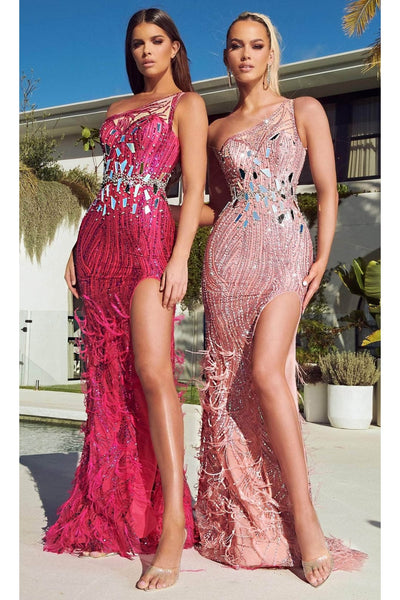 Portia and Scarlett PS23273 -long- Prom Gown with Feathered Details and a High Slit - Emerald / 24 - Dress