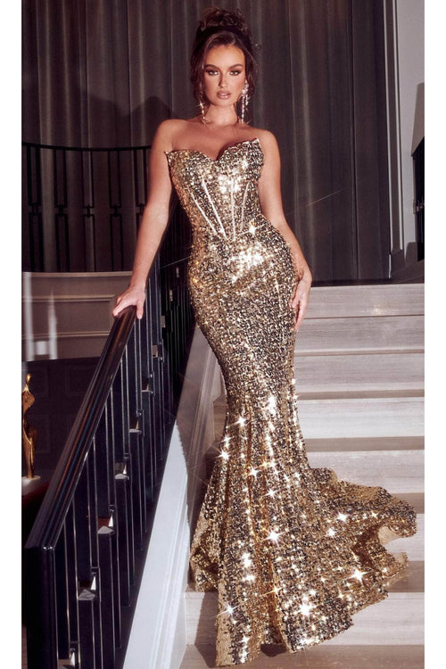 Portia and Scarlett PS23293 -long- Sequin Ornate Prom Gown - Gold / 2 - Dress