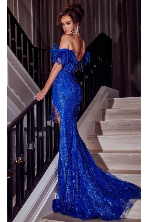 Portia and Scarlett PS23302 -long- Beaded Evening Gown with Feathered Sleeves for a Dramatic Touch - Dress