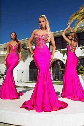 Portia and Scarlett PS23360 -long- Sleeveless Seamed Mermaid Long Prom Gown - Hot Pink / 16 - Dress