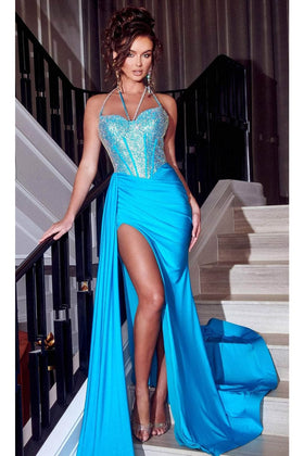 Portia and Scarlett PS23377 Long Halter High Slit Evening Prom Dress