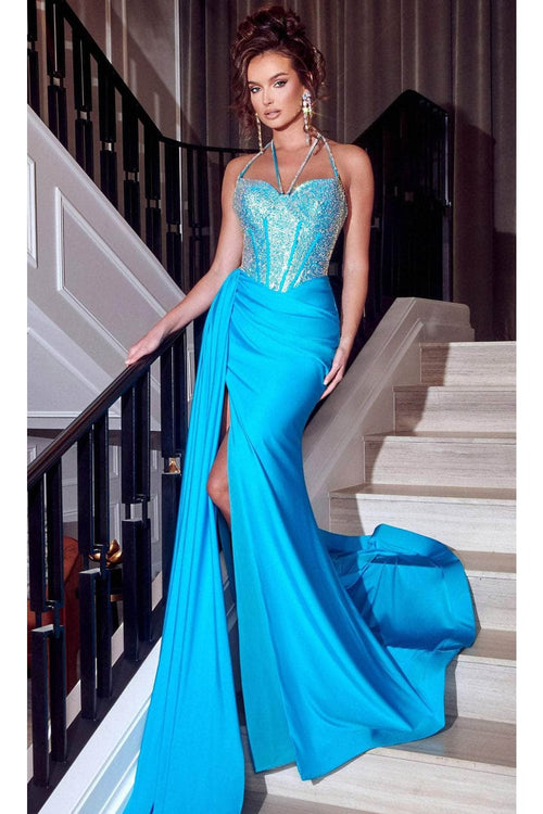 Portia and Scarlett PS23377 -long- Bejeweled Corset Prom Dress - Blue / 18 - Dress