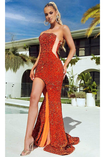 Portia and Scarlett PS23408 -long- Asymmetrical Sequin Prom Gown - Burnt Orange / 00 - Dress