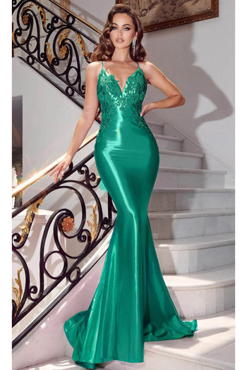 Portia and Scarlett PS23445 -long- Lace Appliqué Classic Prom Gown - Emerald / 18 - Dress