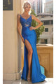 Portia and Scarlett PS23459 -long- Lace Appliqued Plunging Prom Gown for Romantic Elegance - Cobalt / 00 - Dress