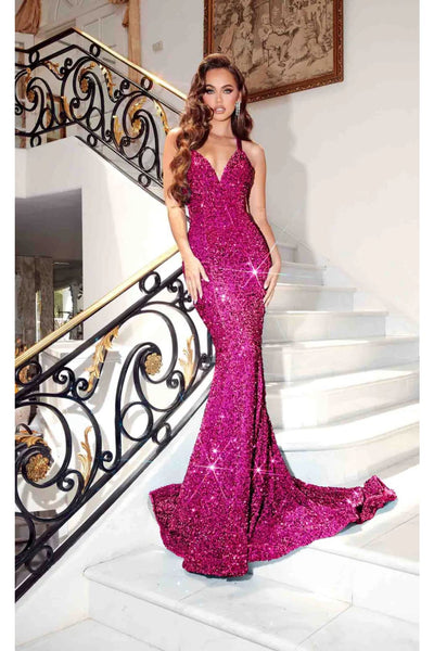 Portia and Scarlett PS23519 -long- Evening Gown with a V-Neck and Crisscross Back Detail - Dress