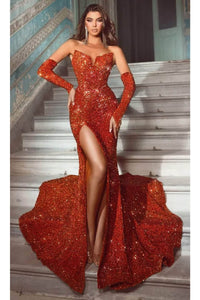 Portia and Scarlett PS23521 -long- Sequined Mermaid Prom Dress with Slit - Burnt-Orange / 00 - Dress